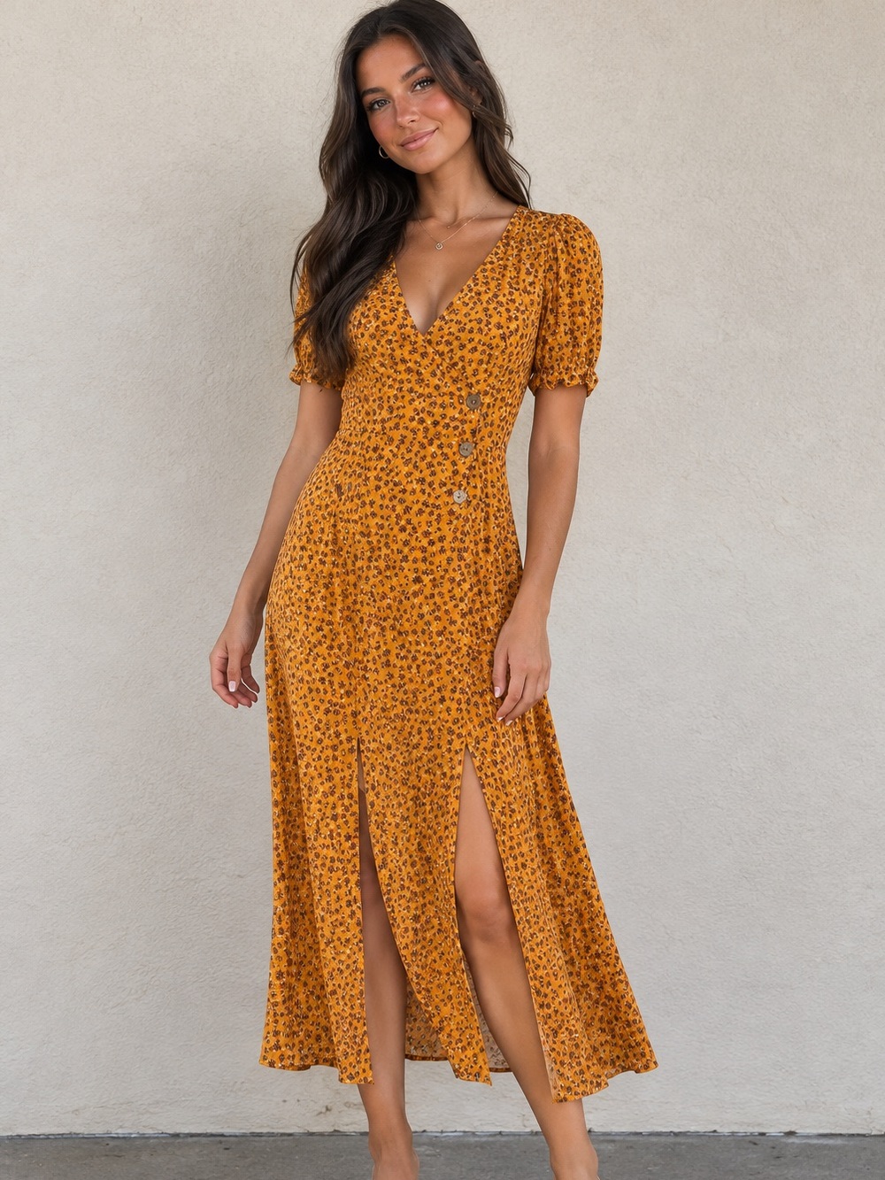 Urban Outfitters Mustard Yellow Leopard-Print Midi Dress XS